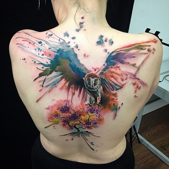 540x540 Huge Back Watercolor Owl Tattoo - Watercolor Owl Tattoo