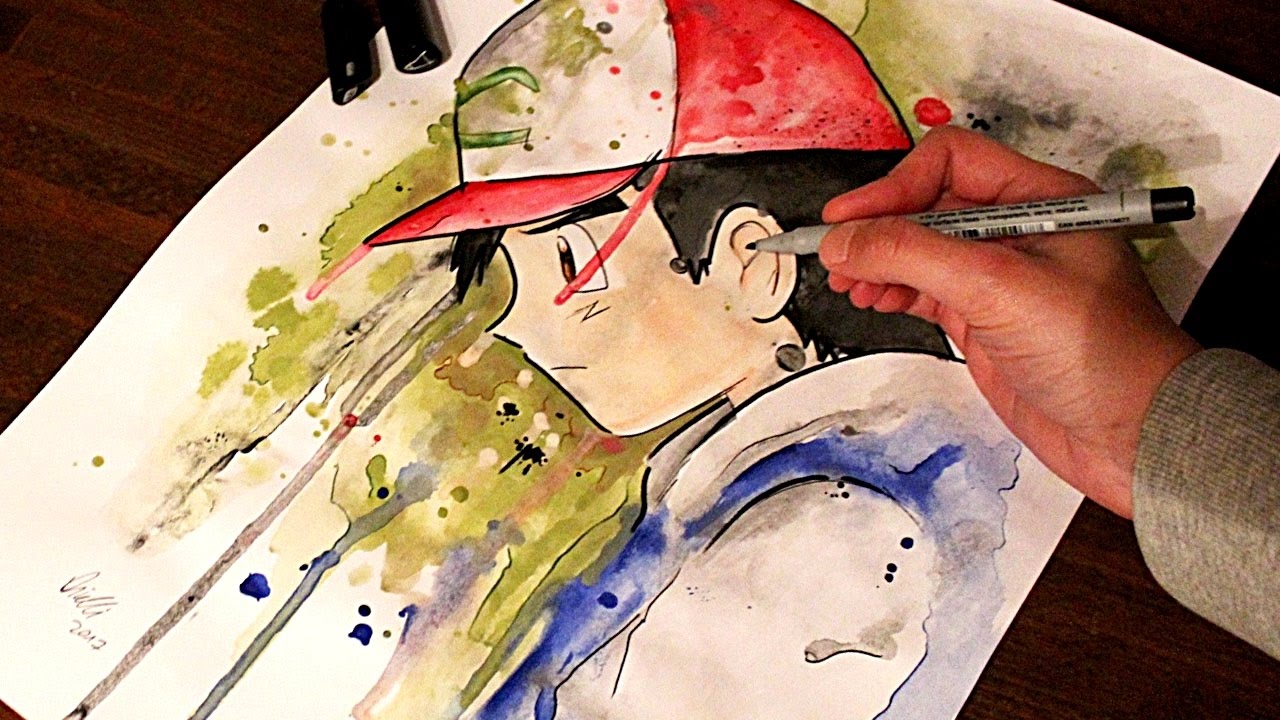 1280x720 Ash Ketchum Drawing Painting - Watercolor Painting Anime