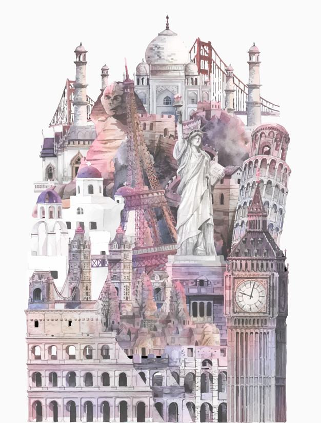 626x824 Collection Of Architectural Landmarks Painted By Watercolor Vector - Watercolor Painting Architecture