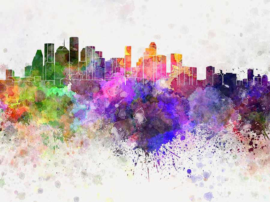 900x675 Houston Skyline In Watercolor Background Painting By Pablo Romero - Watercolor Painting Background