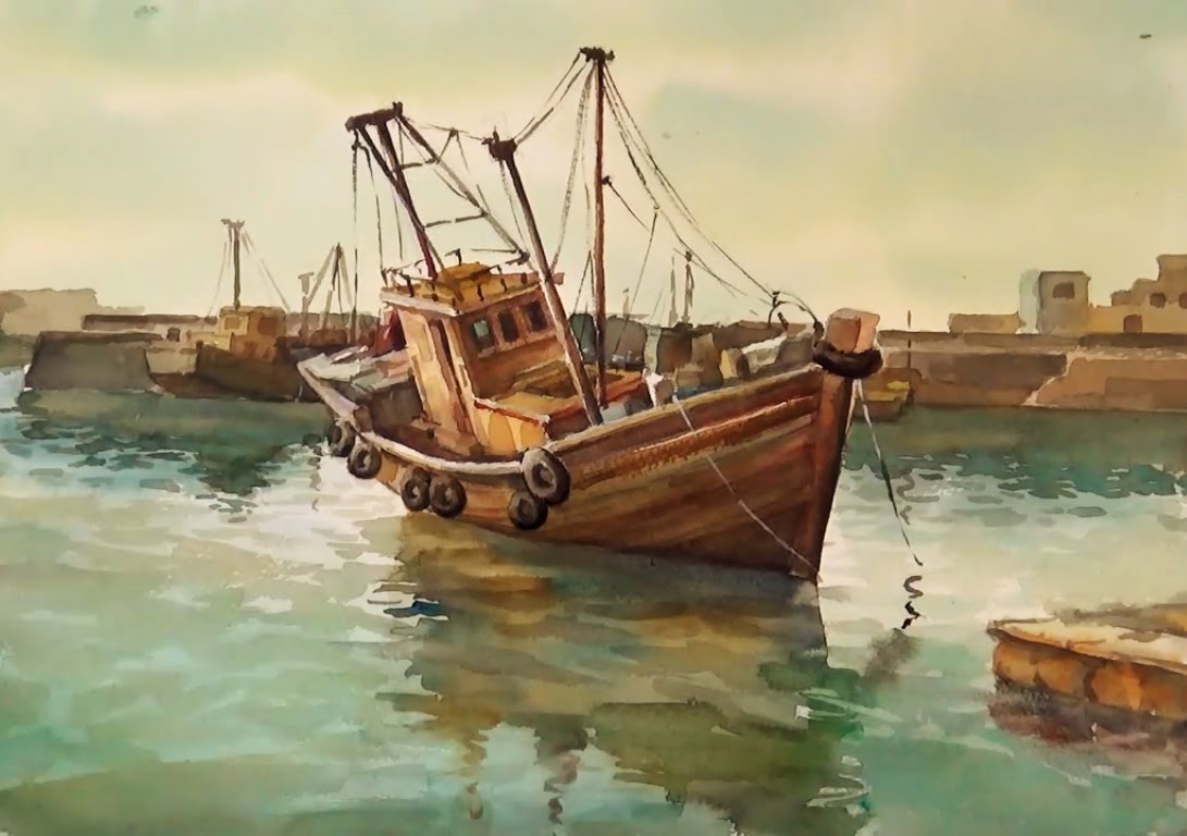 1091x768 Watercolor Painting Fishing Boats On Sea - Watercolor Painting Images