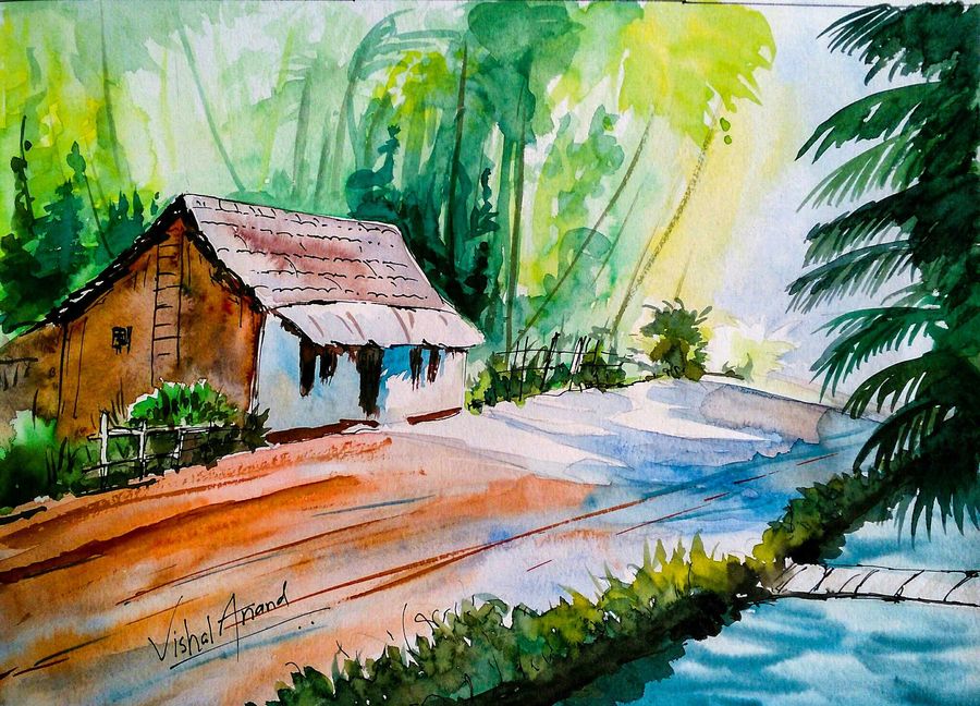 900x648 Home Sweet Home Abstract Landscape Watercolor Painting By Artist - Watercolor Painting Images