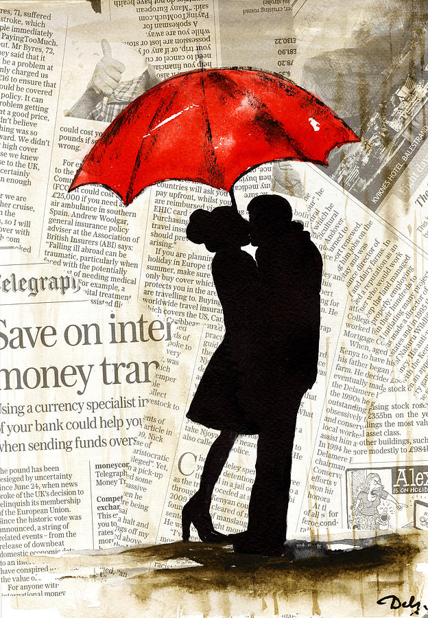624x900 Love Painting, Red Umbrella Watercolor Painting By Del Art - Watercolor Painting Love
