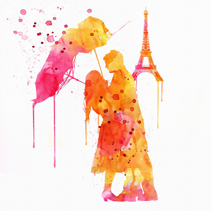 900x900 Watercolor Love Couple In Paris Painting By Marian Voicu - Watercolor Painting Love