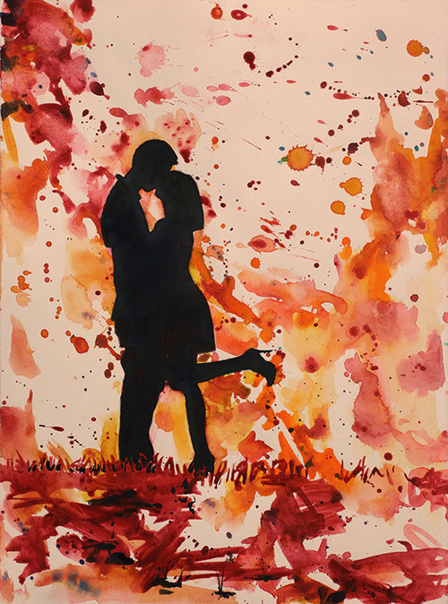 500x674 Watercolor Painting Of Silhouette Of Couple Kissing By Rfoxwatercolors - Watercolor Painting Love