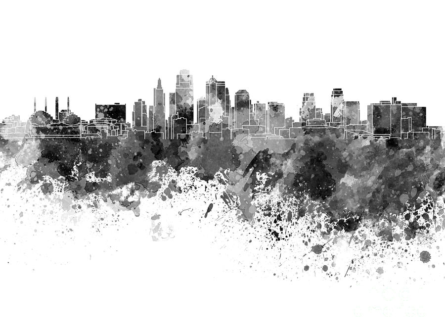 900x675 Kansas City Skyline In Black Watercolor On White Background - Watercolor Painting Of City