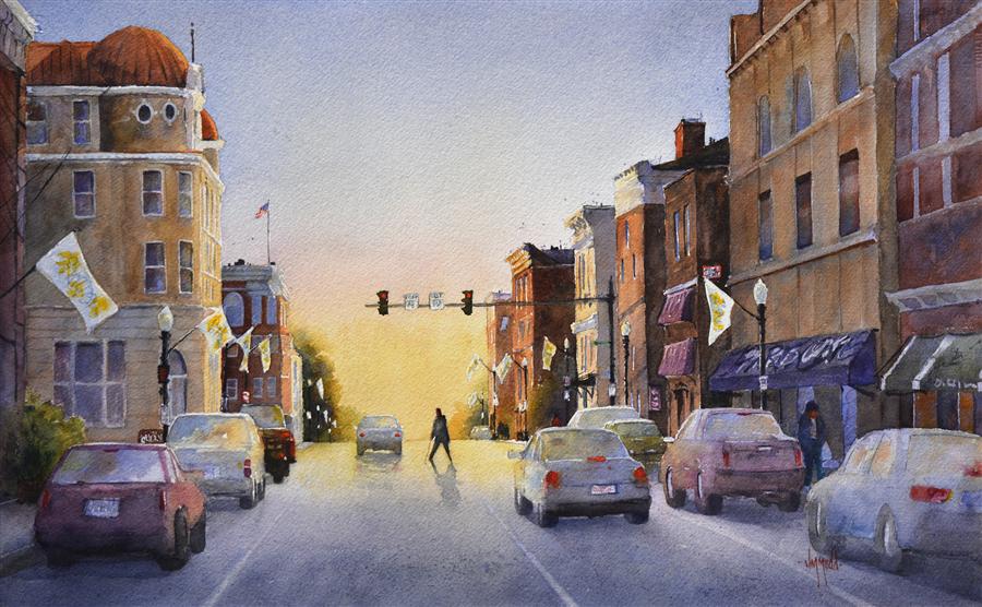 900x556 Morning In Town By Judy Mudd - Watercolor Painting Of City