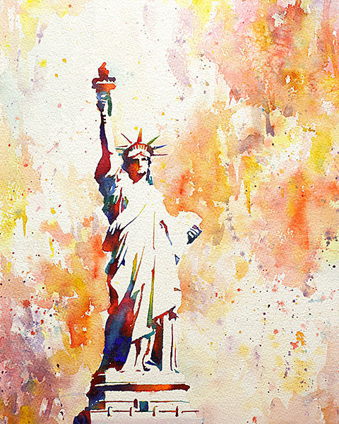 480x600 Watercolor Painting Of The Statue Of Liberty On Liberty Island - Watercolor Painting Of City