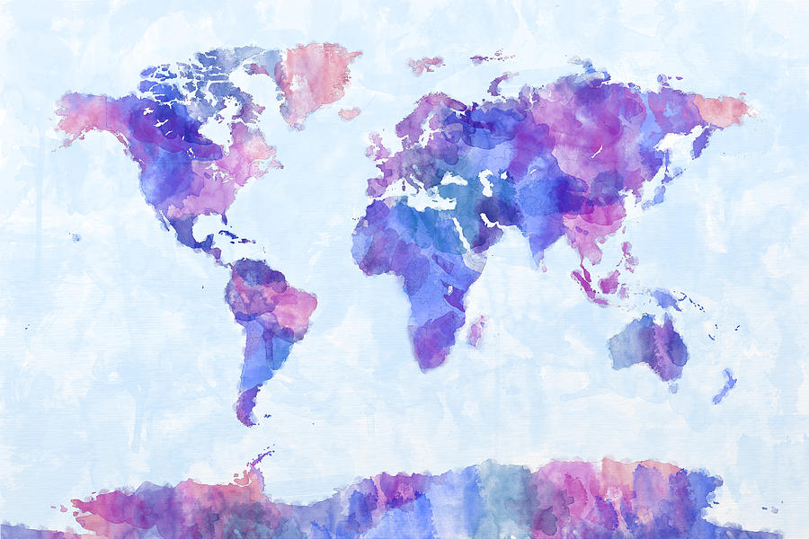 900x600 Map Of The World Map Watercolor Painting Digital Art By Michael - Watercolor Painting Of The World
