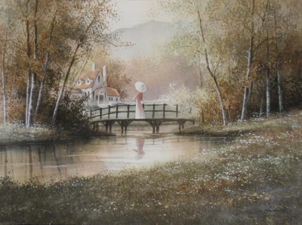 600x447 T.c. Chiu Watercolor Painting Of Woman On A Bridge - Watercolor Painting Of Woman