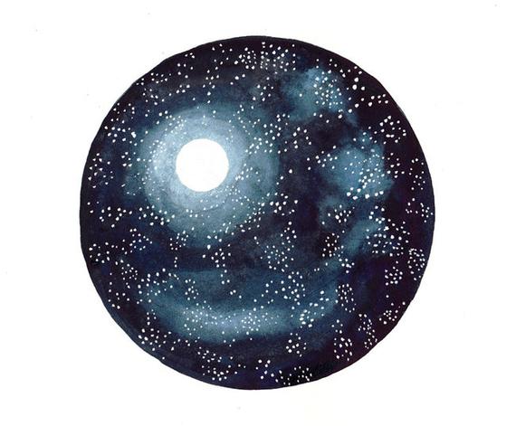 570x471 Original Watercolor Painting Moon And Stars Space Art Galaxy Etsy - Watercolor Painting Space