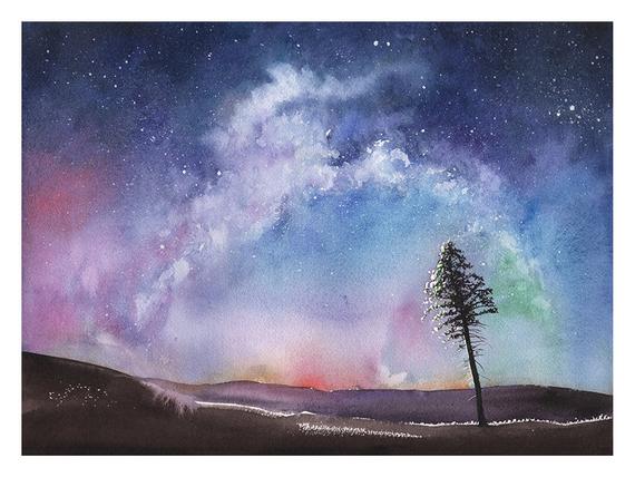 570x428 Space Art Print Watercolor Landscape Night Sky Art Aurora Etsy - Watercolor Painting Space