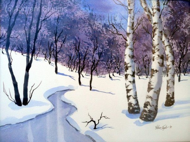 604x453 Winter Scene 12x16 Watercolor Audrant Studios - Watercolor Painting Winter Scenes