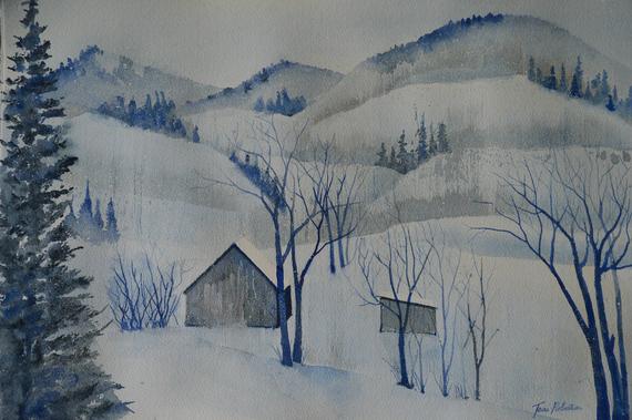 570x379 Winter Painting Snow Scene Original Watercolor Landscapes Etsy - Watercolor Painting Winter Scenes