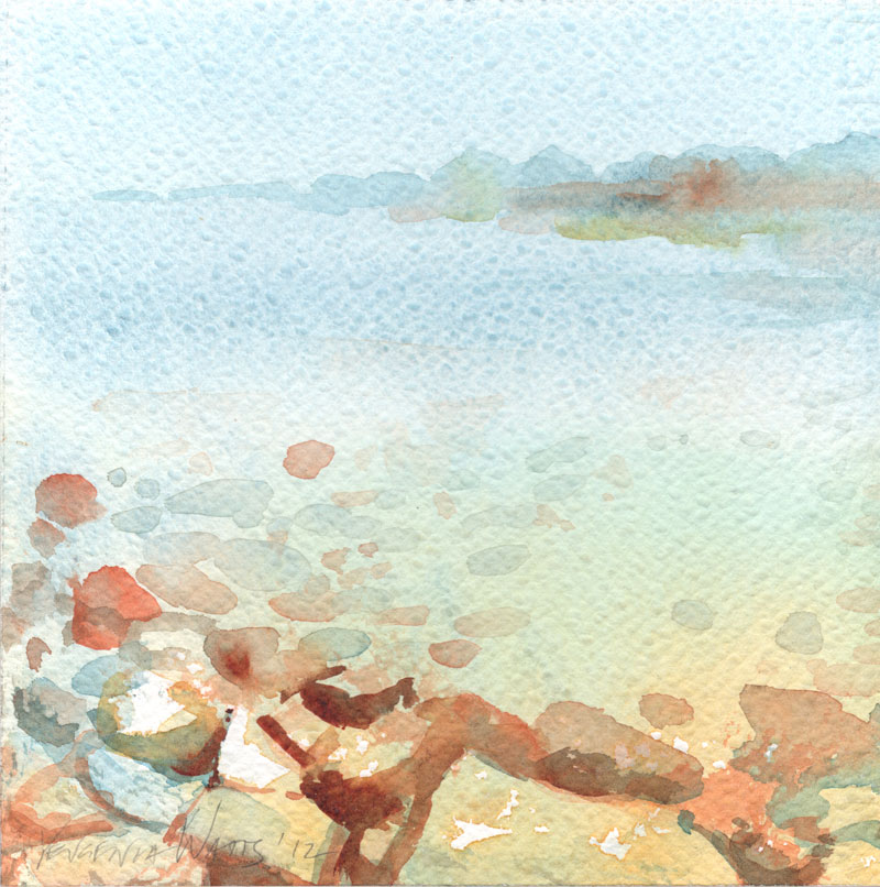 800x806 Foggy And Clear Ocean Watercolor Painting Art By Yevgenia Watts - Watercolor Paintings Beach Scenes