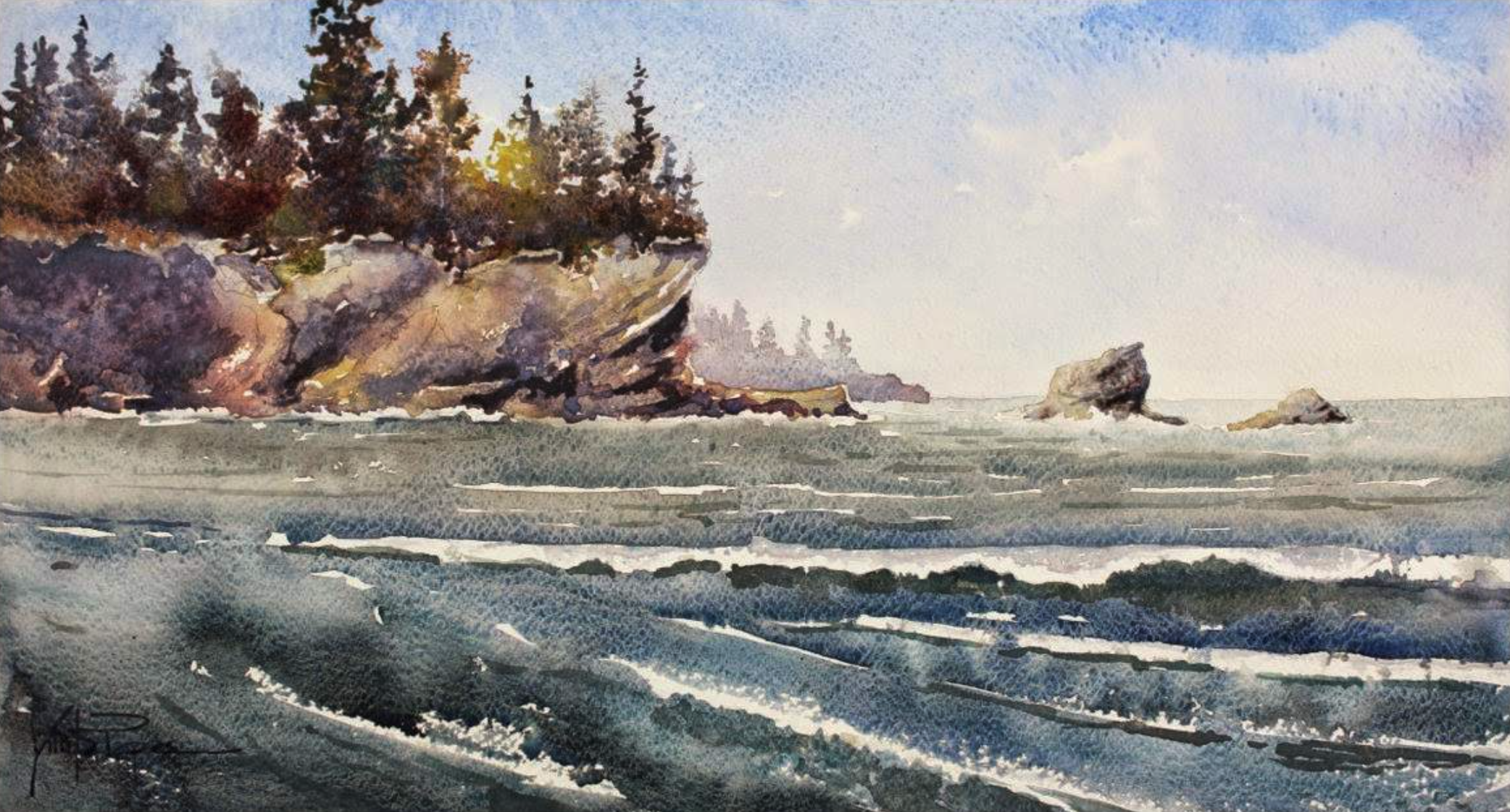 2084x1121 Sunset Bay Beach Scene - Watercolor Paintings Beach Scenes