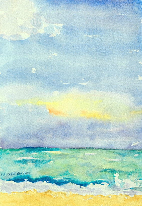 570x824 Watercolor Landscape, Impressionist Beach Scene Ocean And Sky - Watercolor Paintings Beach Scenes