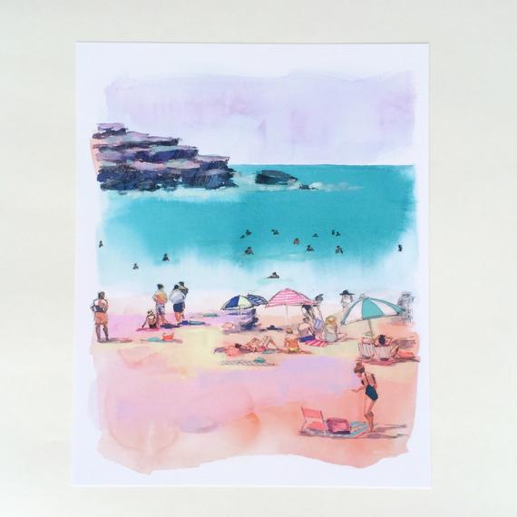 570x570 Bondi Beach In Pink Print. Beach Scene Painting Watercolor Etsy - Watercolor Paintings Beach Scenes