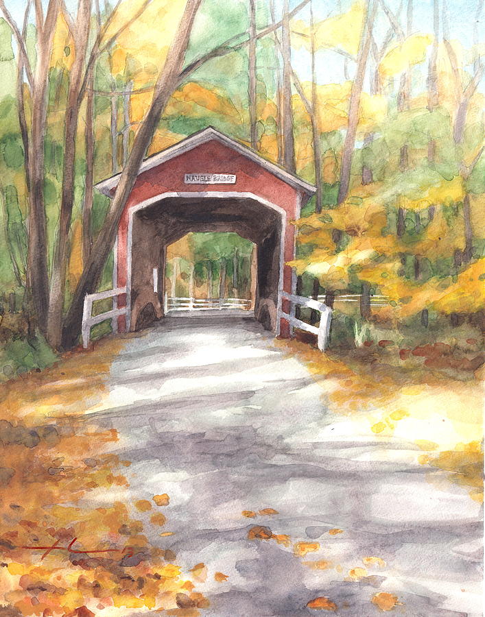 707x900 Covered Bridge Autumn Shadows Watercolor Painting Drawing By Mike - Watercolor Paintings Of Bridges
