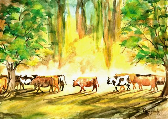 640x452 Phong Trinh Watercolors Cows In The Park, Watercolor Painting - Watercolor Paintings Of Cows