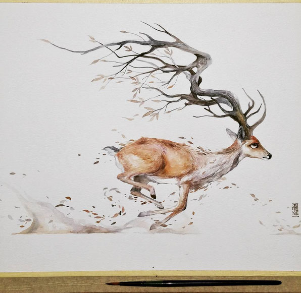 596x581 Deer Watercolor Painting By Luqman Reza Mulyono - Watercolor Paintings Of Deer