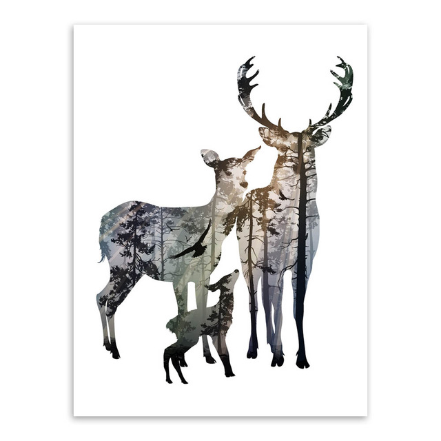 640x640 Modern Silhouette Of Deer Family With Pine Forest Canvas Painting - Watercolor Paintings Of Deer