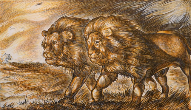 640x369 Austen Pinkerton Artwork Two Lions Original Watercolor - Watercolor Paintings Of Lions