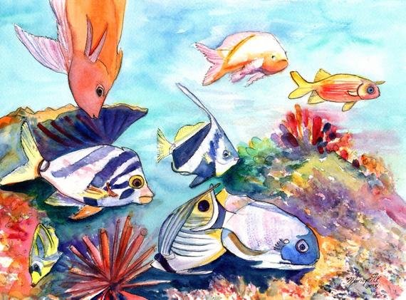 570x421 Hawaiian Tropical Fish Watercolor Painting Hawaii Fish Art Etsy - Watercolor Paintings Of Tropical Fish