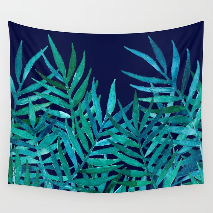 700x700 Watercolor Palm Leaves On Navy Wall Tapestry By Micklyn Society6 - Watercolor Palm Leaves