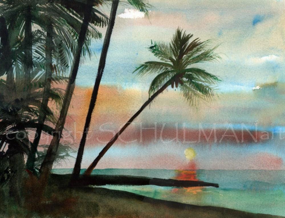 1000x765 Original Watercolor Painting Seascape Beach Scenes Landscape - Watercolor Palm Trees Art