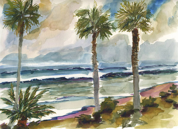 600x436 Beach Palm Trees Modern Contemporary Seascape Landscape And Still - Watercolor Palm Trees Art