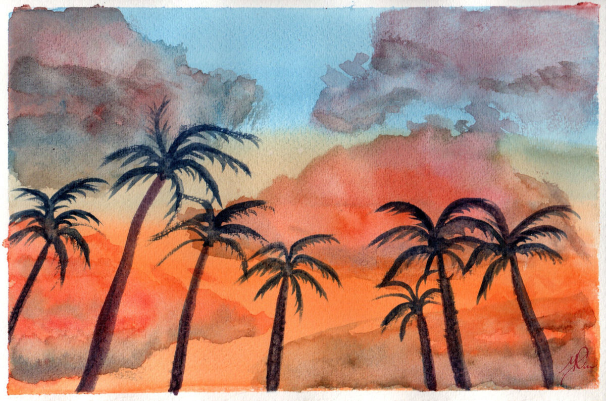 1200x794 Palm Trees In The Sunset (Original Watercolor) (Sonia Minous) - Watercolor Palm Trees Art