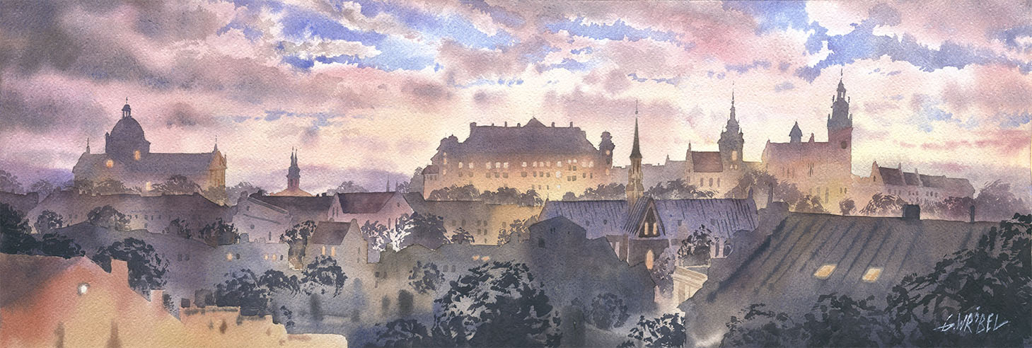1459x492 Panorama Of Cracow By Greegw - Watercolor Panorama