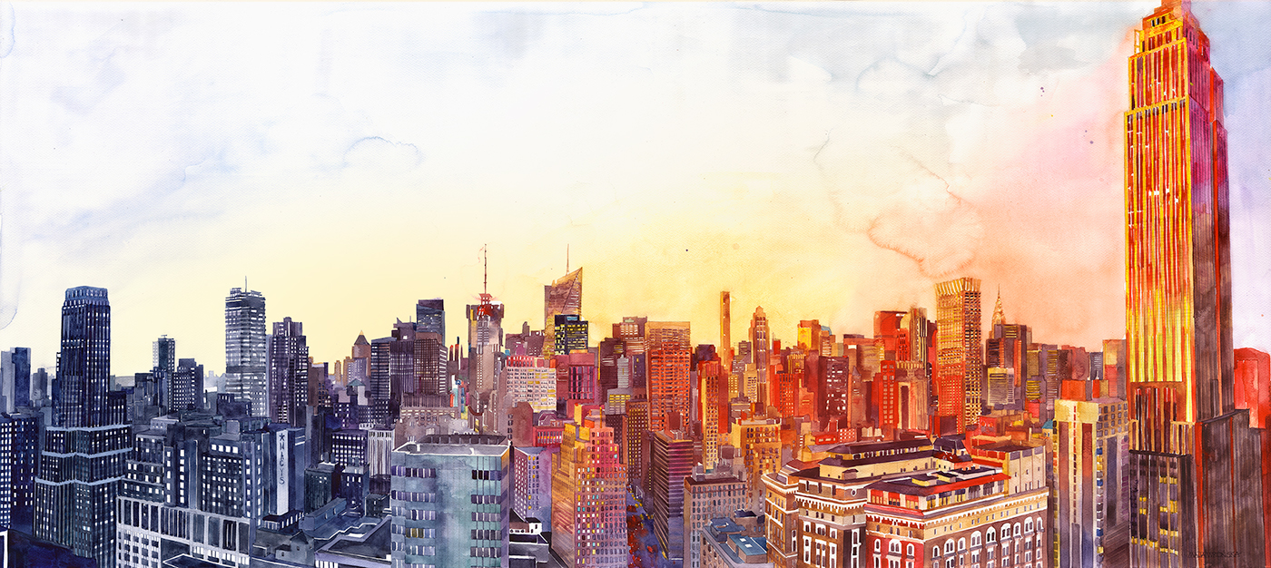 1400x626 Sunshine In Nyc - Watercolor Panorama