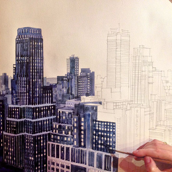 600x600 Sunshine In Nyc - Watercolor Panorama