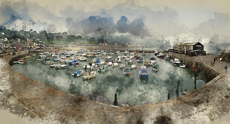 900x486 Watercolor Painting Of Wide Panorama Of Lyme Regis Harbour With - Watercolor Panorama