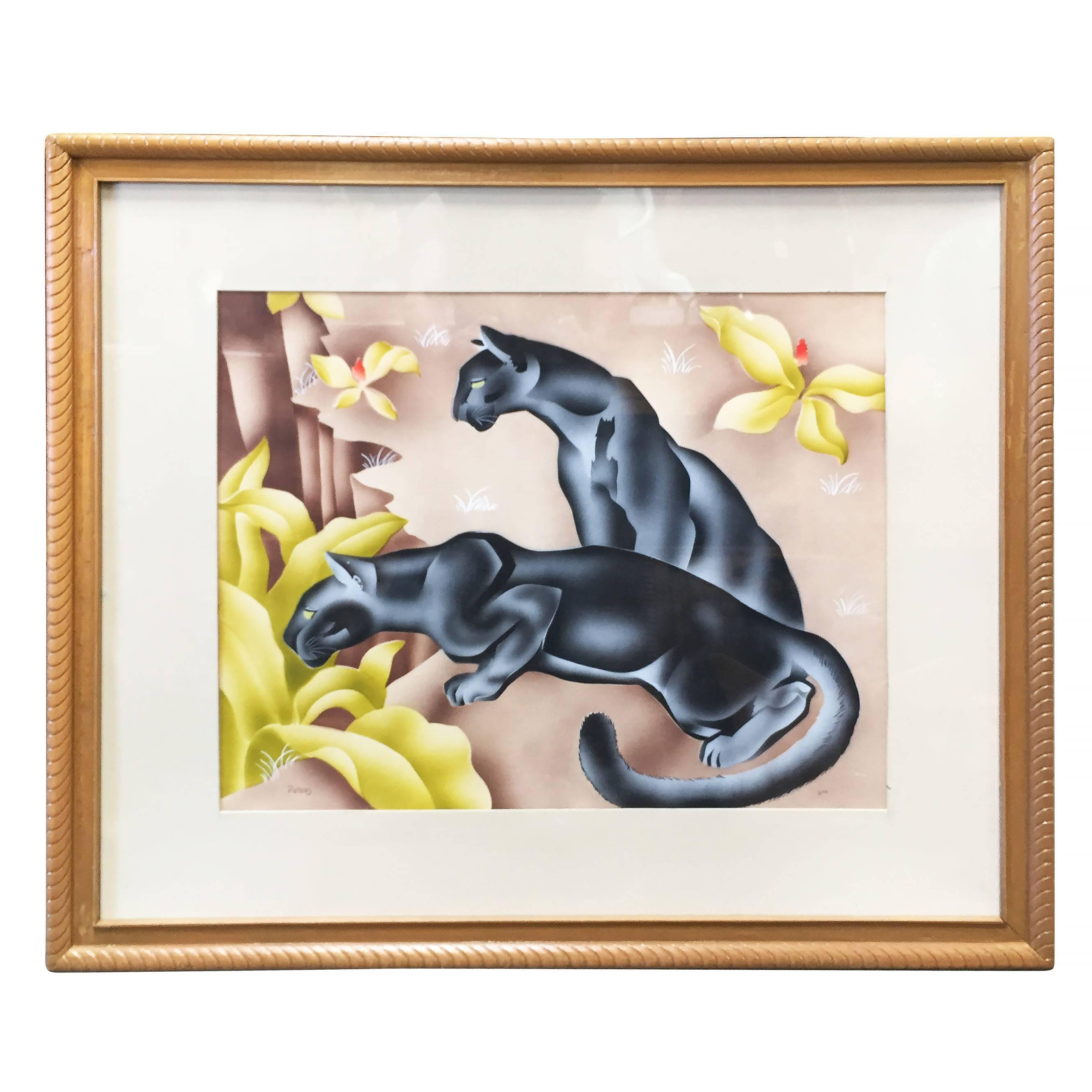 2660x2660 Tropical Airbrush Watercolor Panther Painting Signed Peters For - Watercolor Panther