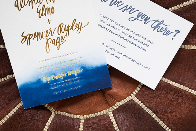 640x427 Indigo Watercolor And Gold Foil Wedding Invitations - Watercolor Paper Invitations