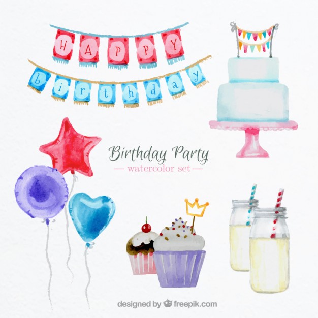 626x626 Watercolor Birthday Party Elements Set Vector Free Download - Watercolor Party