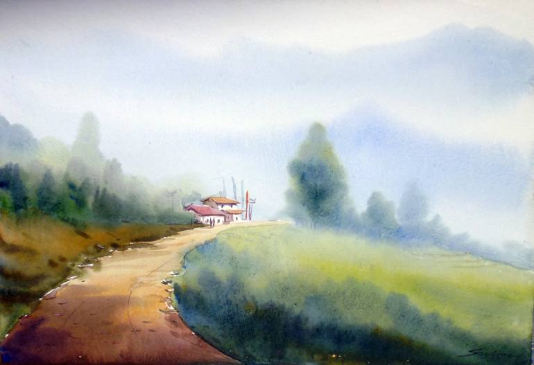 770x527 Morning Mountain Path Amp Village - Watercolor Path