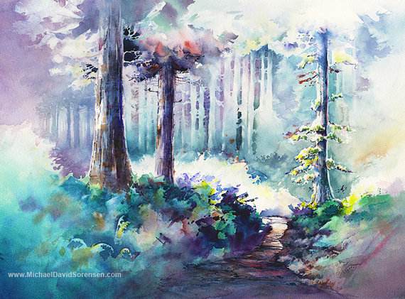 570x421 Watercolor Tree Paintings. Pathway To Neahkahnie By Michael - Watercolor Path
