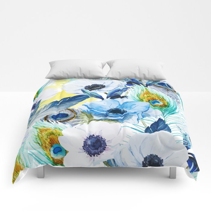 700x700 Watercolor Peacock Feather Pattern Comforters By Robincurtiss - Watercolor Peacock Feather