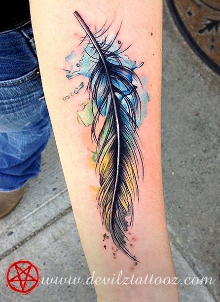 446x612 Watercolour Peacock Feather Tattoo Tatoos - Watercolor Peacock Feather Tattoo
