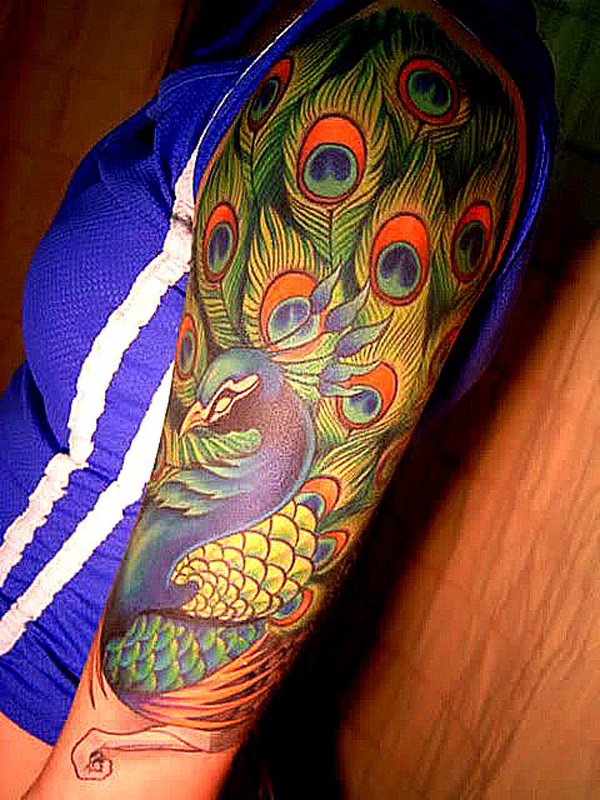 600x800 Fabulous Watercolor Peacock Tattoo On Arm - Watercolor Peacock Tattoo