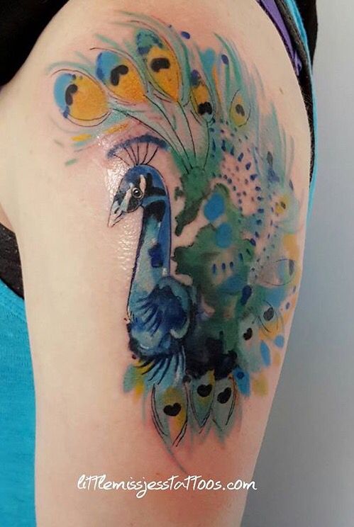 499x744 Jess Hannigan Watercolor Peacock Tattoo Ink For Cool People - Watercolor Peacock Tattoo