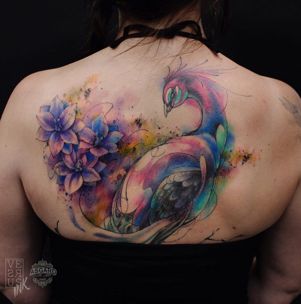 1050x1062 Peacock Amp Flowers, Girls Back Tattoo Best Tattoo Design Ideas - Watercolor Peacock Tattoo