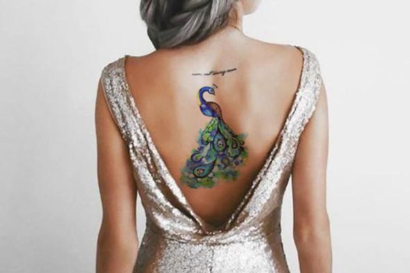 591x394 Watercolor Peacock Temporary Tattoo Mybodiart - Watercolor Peacock Tattoo