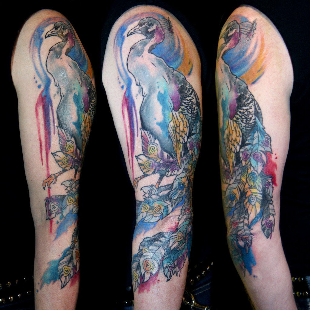 1024x1024 Watercolor Peacock Sleeve Deanna Wardin - Watercolor Peacock Tattoo