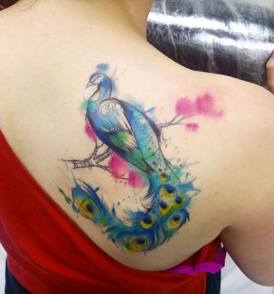 551x592 71 Beautifully Designed Tattoos For Women Animal Tattoo Designs - Watercolor Peacock Tattoo
