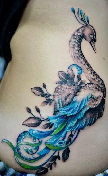 460x746 Attractive Leaf Peacock Watercolor Tattoo On Rib Side For Woman - Watercolor Peacock Tattoo